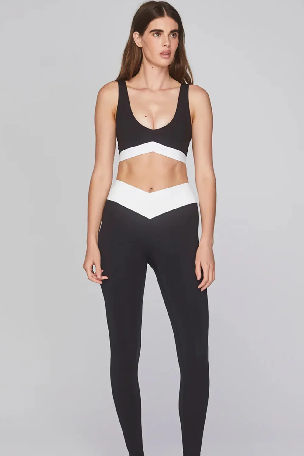 High Waist Leggings Set – Black with White V-Detail Waistband - Body London