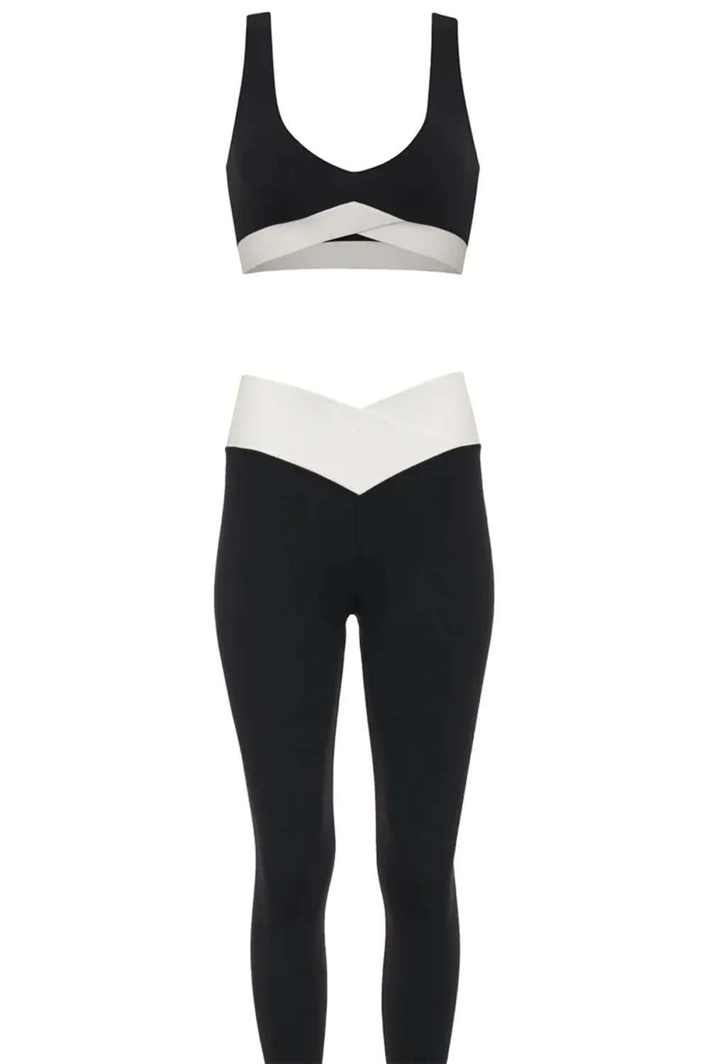 High Waist Leggings Set – Black with White V-Detail Waistband - Body London