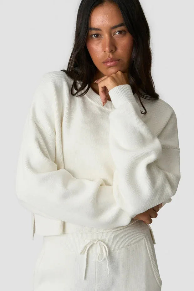 Soft Knit Cropped Crewneck – White | Premium Lifestyle Top - Body London