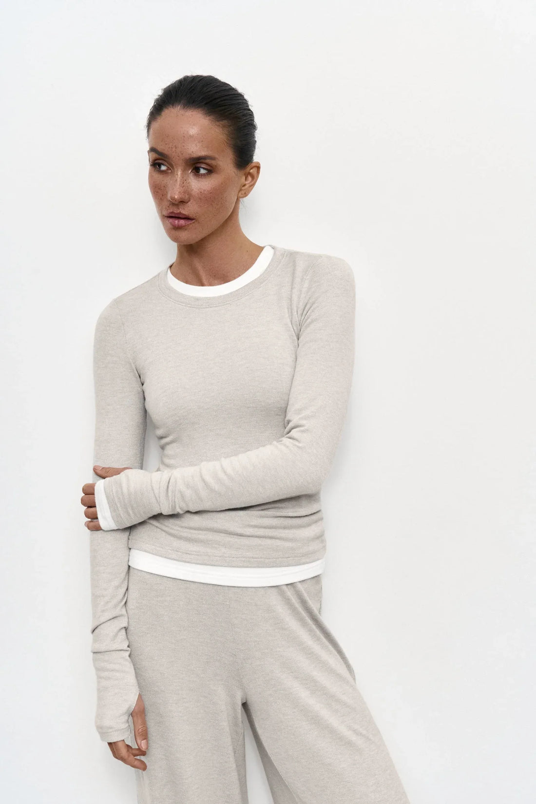 Body London Soft Jersey Long Sleeve Top & Bottom Set – Beige - Body London