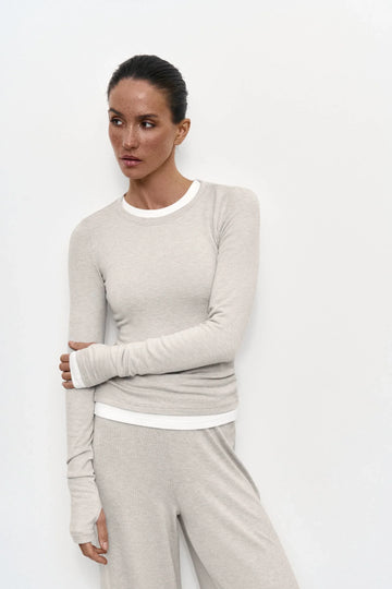 Body London Soft Jersey Long Sleeve Top & Bottom Set – Beige - Body London