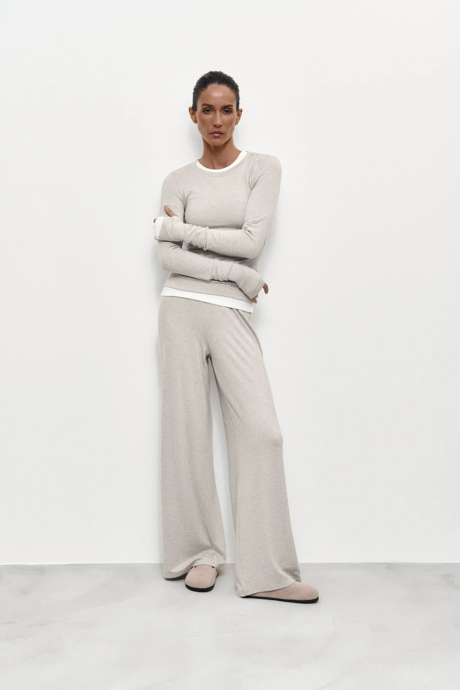 Body London Soft Jersey Long Sleeve Top & Bottom Set – Beige - Body London