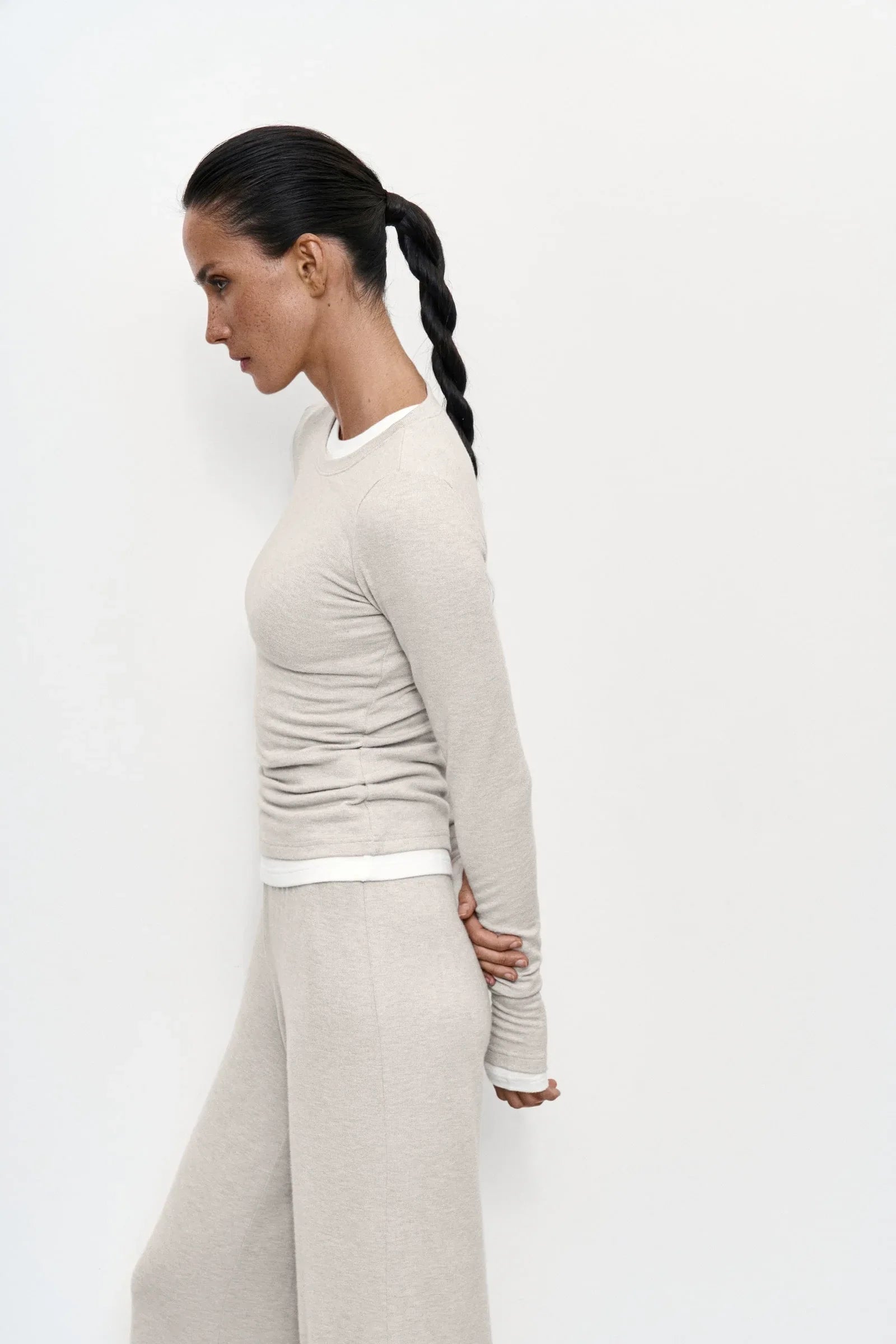 Body London Soft Jersey Long Sleeve Top & Bottom Set – Beige - Body London